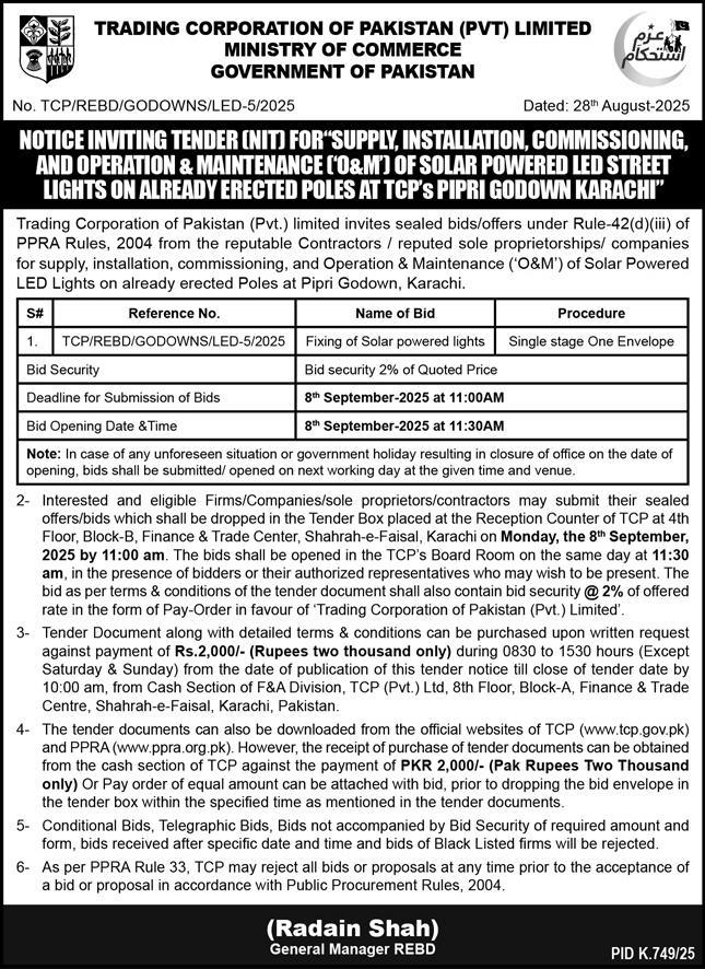 Trading Corporation of Pakistan Tender Notice